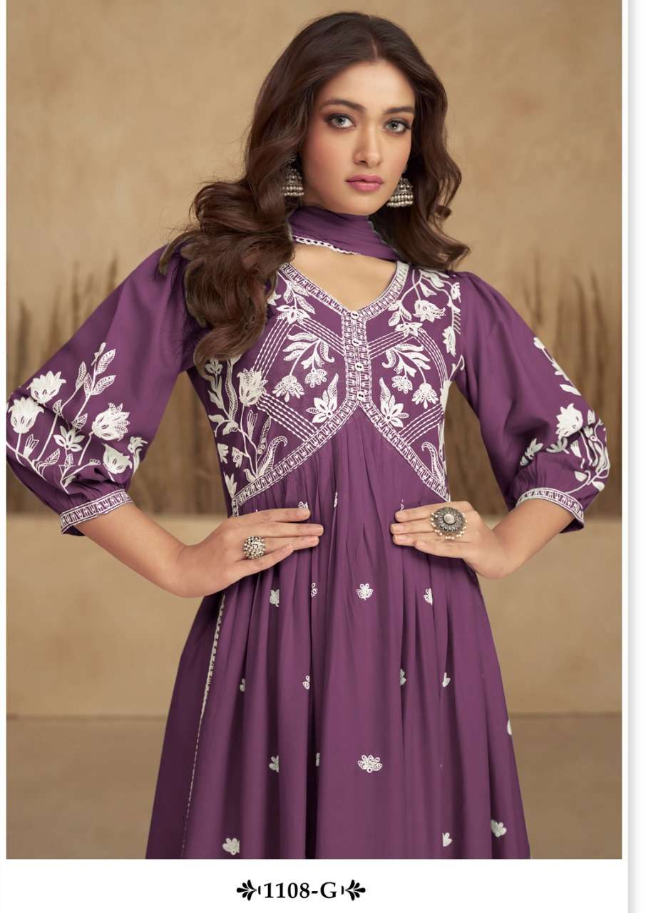 AADHRA VOL 5 SILVER COLOR PURE RAYON LAKHNAWI WORK NAYRA CUT KURTI WITH COTTON PLAZZO AND DUPATTA BY S3FOREVER BRAND 1108 G C